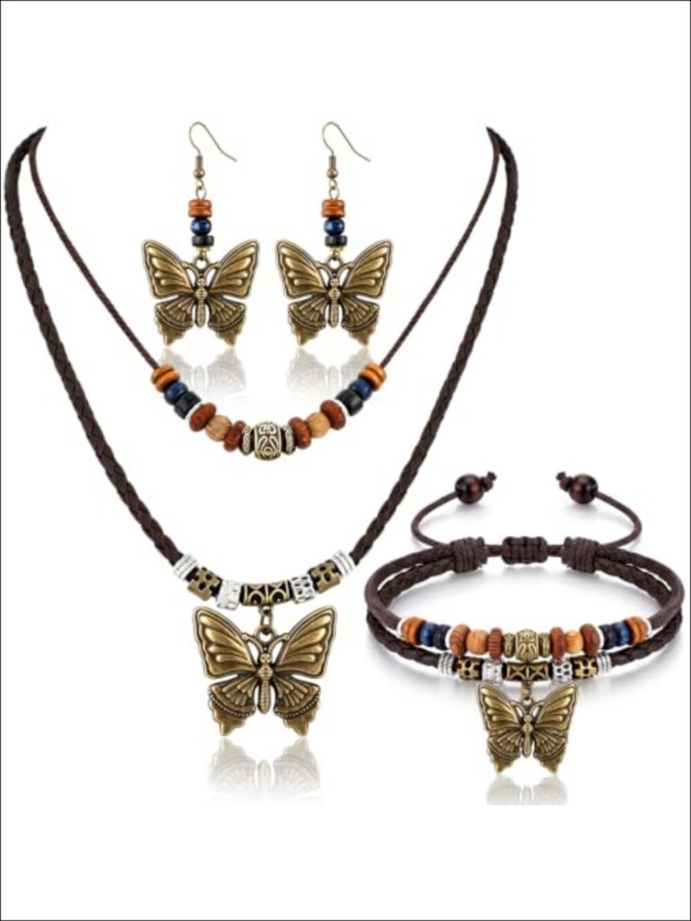 Boho Jewelry Set 3 Pc Butterfly Necklace Earrings Bracelet Alloy Leather